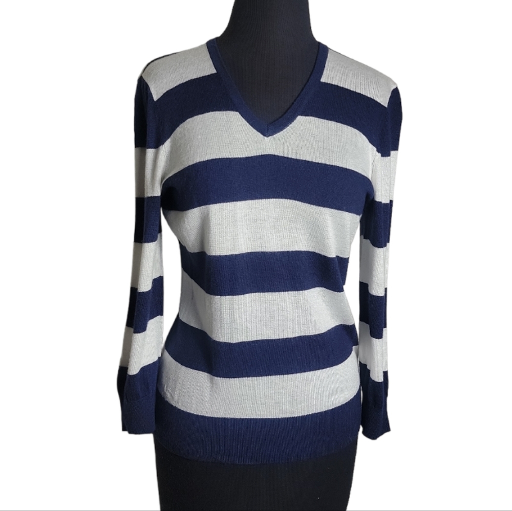 Jeanne Pierre women's cashmere infused blue white striped v neck sweater medium